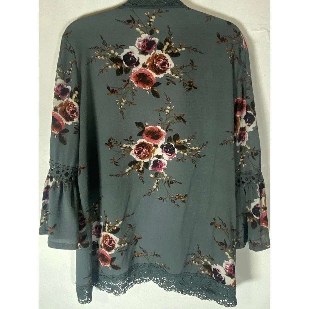 Dusty Blue‎ Floral Lace Trim Kimono Cardigan Bell Sleeve Boho Cottagecore L